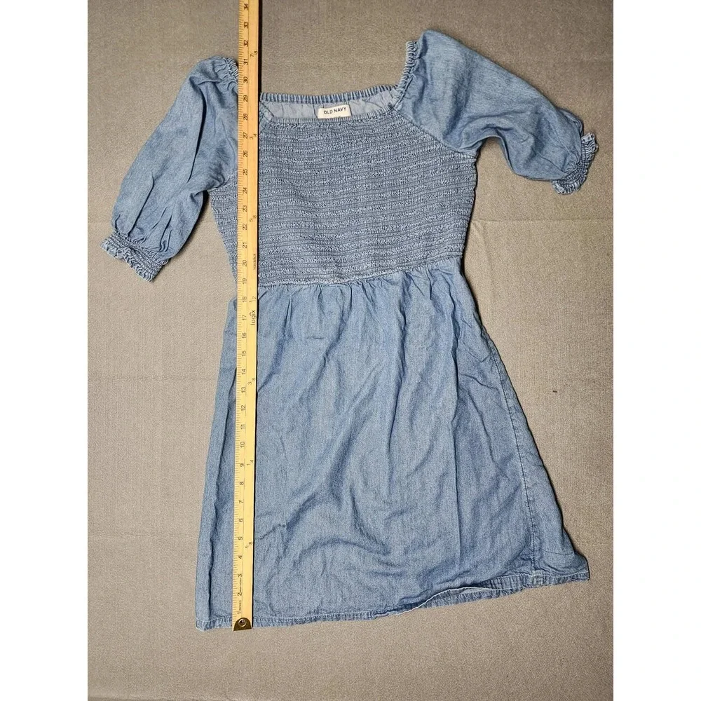 Old Navy Girls Blue Smocked Denim Look Fit & Flare Dress XL 14-16 Light Wash
